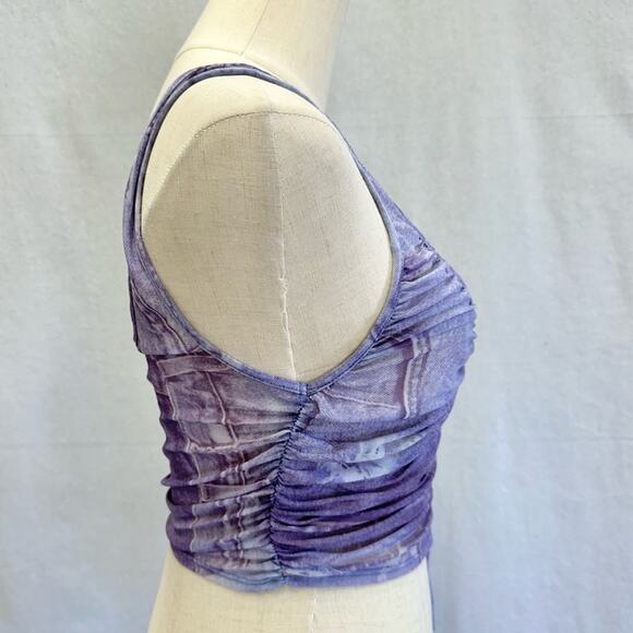 Urban Outfitters Ruched Lace-Up Mesh Tank Top Denim Jeans Print Size Medium - Picture 8 of 16